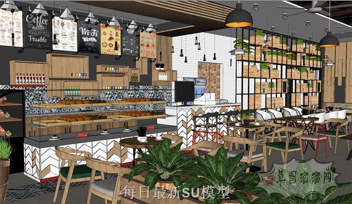 工业风奶茶店餐饮店SU模型分享作者是湖南-建筑