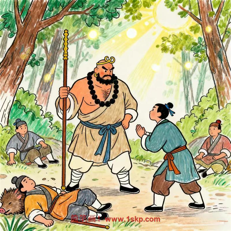 简笔画:鲁智深花和尚野猪林救林冲