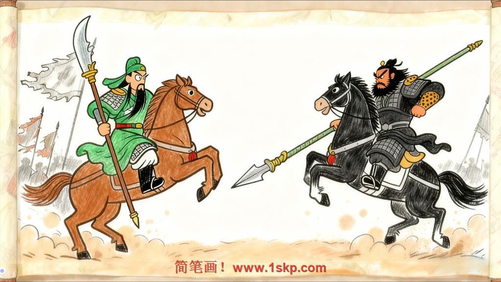 简笔画:张飞因误以为关羽投降曹操(兄弟对战)