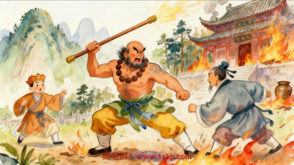 简笔画:鲁智深火烧瓦罐寺,除掉了为非作歹的僧道。