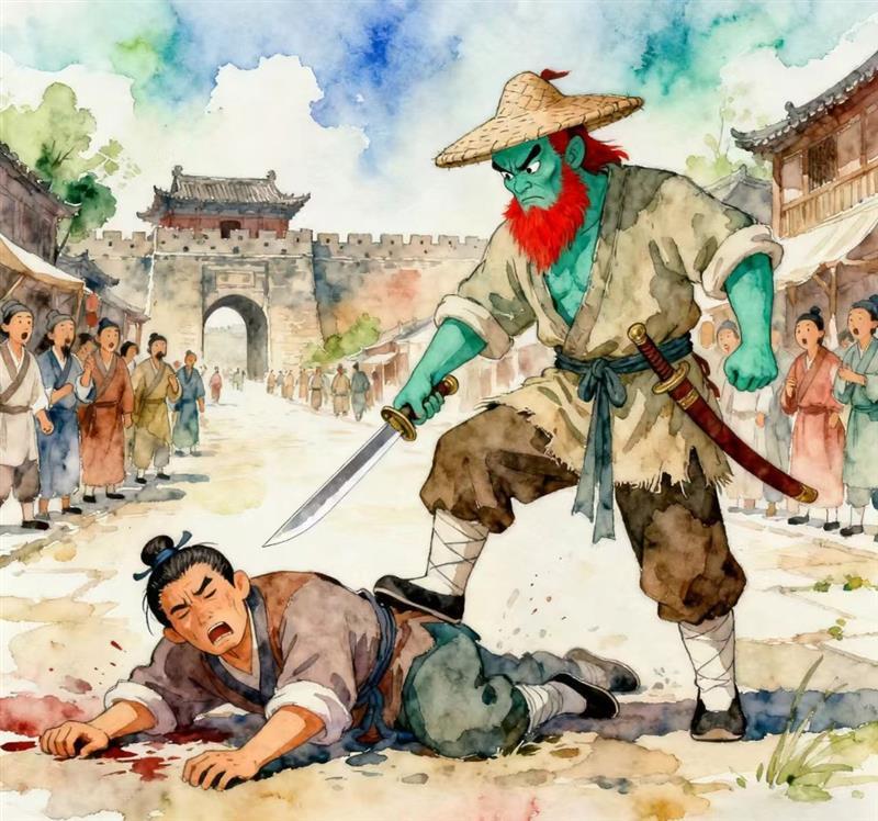 水彩画:水浒杨志卖宝刀遇到无赖
