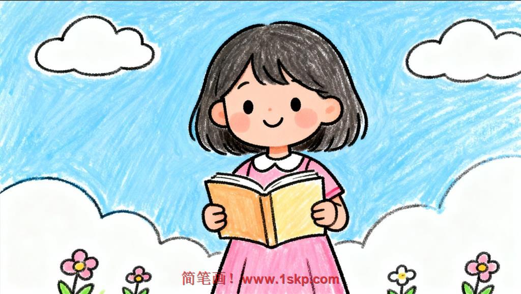 简笔画:卡通女孩沉浸读书