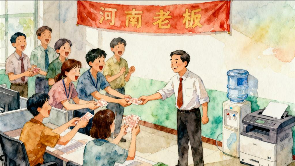 水彩画:河南一老板挣100万分给员工85万