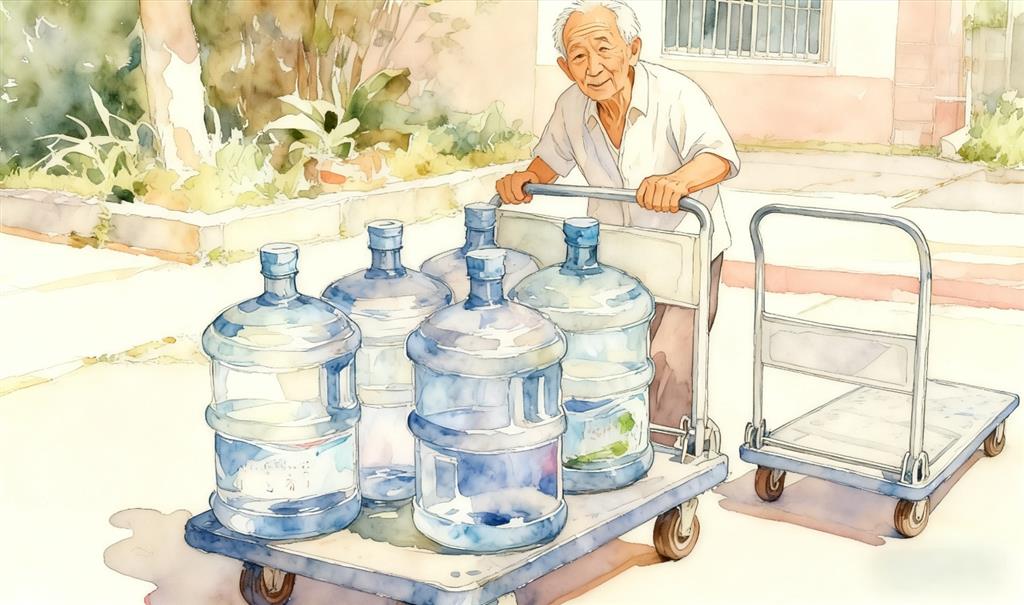水彩画:87岁大爷送桶装水,网友捐款送推车