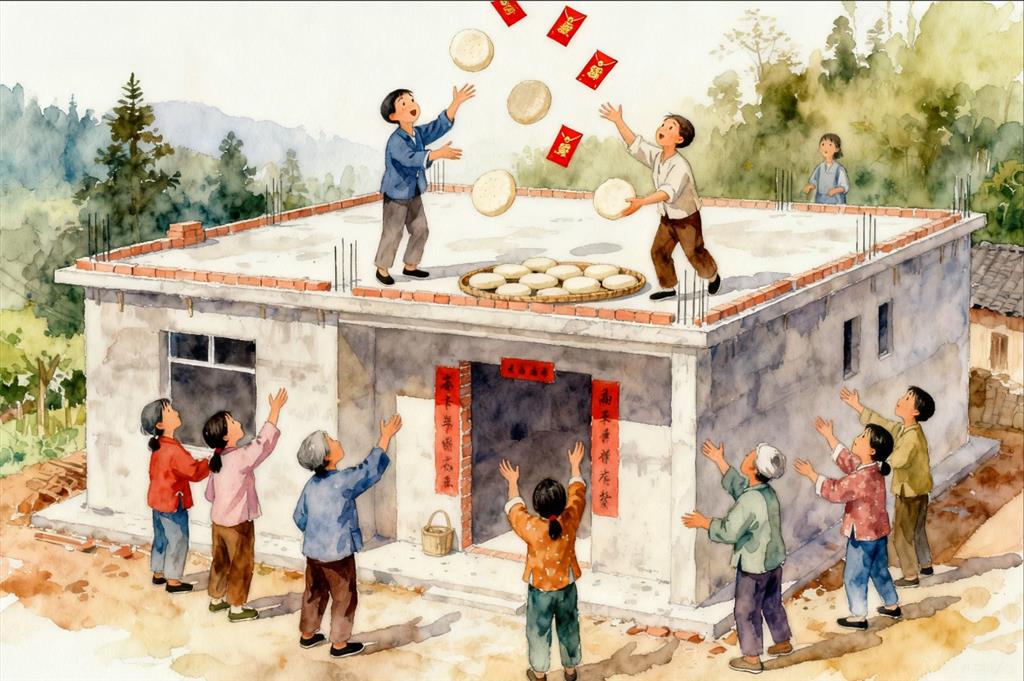 水彩画:村民抛撒糍粑红包分享新房封顶喜悦