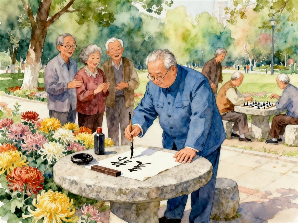 水彩画:一定要让老年人有一个幸福的晚年