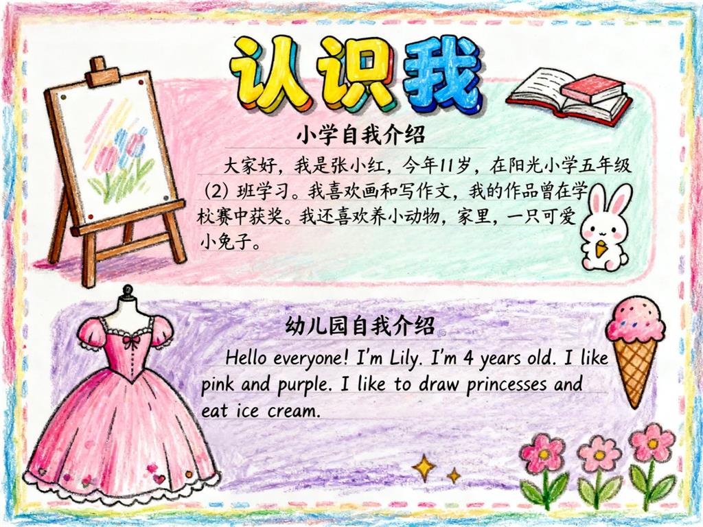手抄报:小学自我介绍幼儿园自我介绍中英文