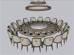 中式大圆桌餐桌椅SU模型
