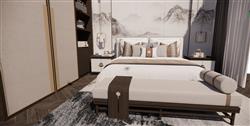 新中式卧室床铺SU模型
