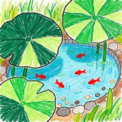 三年级水彩画：荷塘鱼池风景画