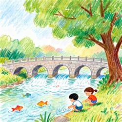 童趣水彩画：夏日溪边与石桥的欢乐时光