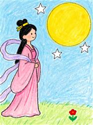 水彩画：中秋节日的嫦娥月亮
