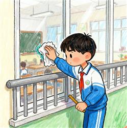 水彩画：小学生站窗外打扫卫生 
