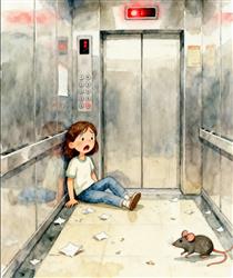 水彩画：老鼠“作案”致女子被困电梯