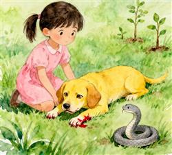 水彩画：狗狗为保护主人被毒蛇咬伤