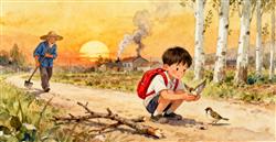 乡村黄昏水彩画：掌心停雀的红书包男孩