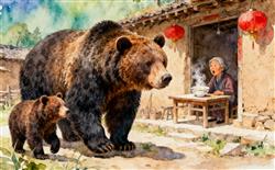 水彩画:一大一小藏马熊闯入村庄民宅