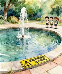 水彩画：景观池很危险,当心触电