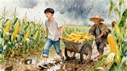 水彩画:河南玉米收获季遇雨,大学生被召回家