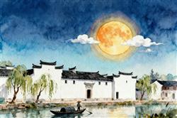水彩画:“超级月亮”和古建筑浪漫同框