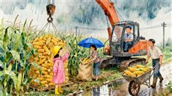 水彩画:下雨天女儿请吊车帮父母收玉米