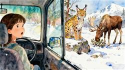 水彩画:女子自驾游偶遇猞猁和驼鹿