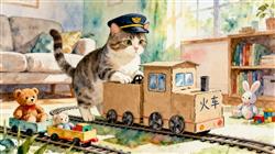水彩画:猫咪在家当起了“列车员”
