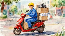 水彩画:配送员电动车挂满大件货物