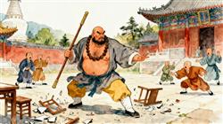 简笔画:鲁智深大闹五台山,不守清规戒律。