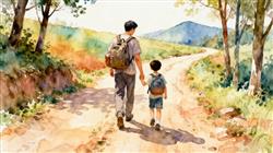 水彩画:爸爸回应辞职带休学儿子徒步千里