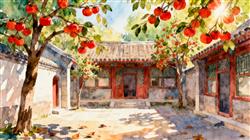 水彩画:老舍故居里的柿子红了