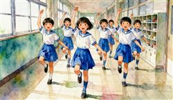 水彩画:日本一小学课间齐跳科目三