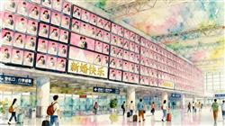 水彩画:新人结婚请柬在机场88块屏幕连播8天