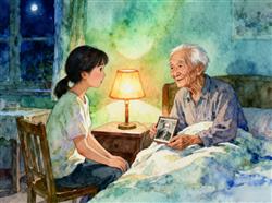 水彩画:102岁爷爷深夜给孙媳妇交待后事