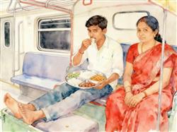 水彩画:印度人在地铁车上吃手抓饭