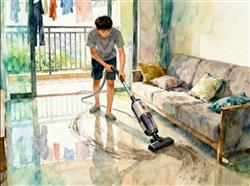 水彩画:男性多做家务可有效减肥