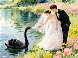 水彩画:新人拍婚纱照遭遇“黑天鹅抢新娘”