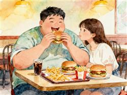 水彩画:男子恋爱5年从130斤胖到260斤