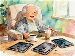 水彩画:百岁老人爱喝咖啡奶茶玩坏3个iPad
