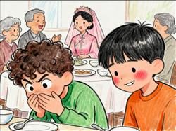 水彩画:2个弟弟送姐姐出嫁，吃分家饭时憋笑