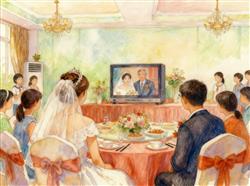 水彩画:新娘在回门宴放34年前父母结婚录像