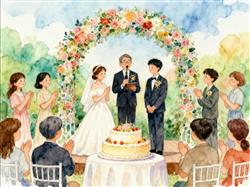 水彩画:新人结婚邀请高中班主任当证婚人