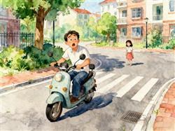 水彩画:爸爸送女儿上学中途发现女儿没上车