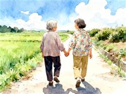 水彩画:103岁妈妈牵83岁女儿散步