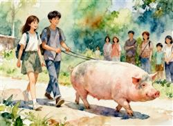 水彩画:情侣遛130斤大猪引围观