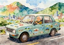 水彩画:90岁老人自驾23年游遍全国