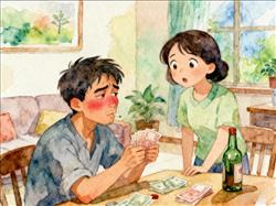 水彩画:男子喝醉酒当着老婆面数私房钱