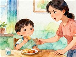 水彩画:萌娃偷吃被妈妈抓现行后礼貌微笑