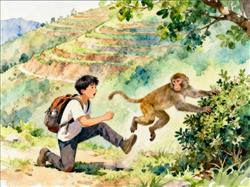水彩画:驴友投喂野猴被飞踹，差点摔下山坡