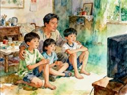 水彩画:舅舅照顾3个外甥近10年